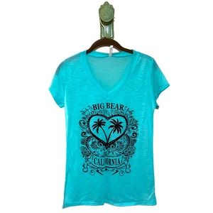 Baby Blue Tee Big Bear California NWOT Slub Sheer Sparkle Heart Palm Trees Stars